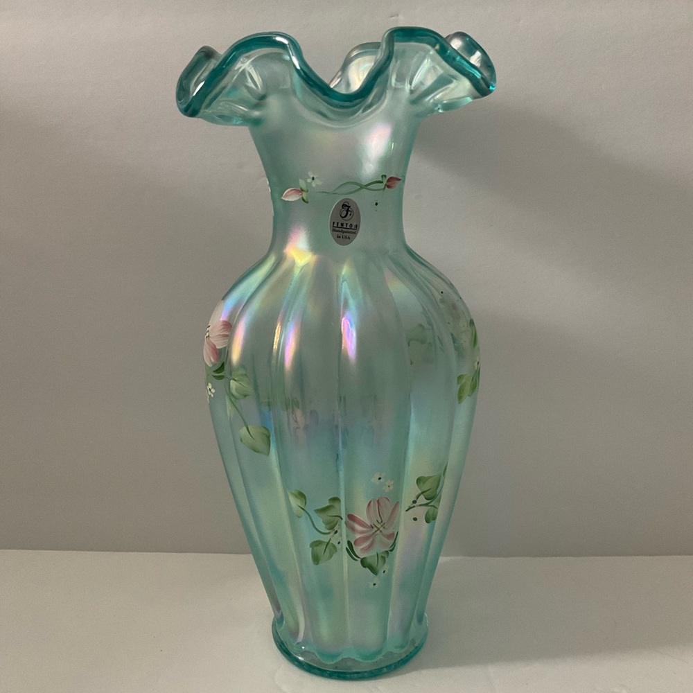 Fenton Ruffled Rim Iridescent Mist Green Vase